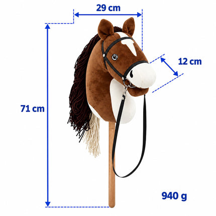 Plush Hobby Horse on Beech Wood Stick with Bridle and Reins, Brown