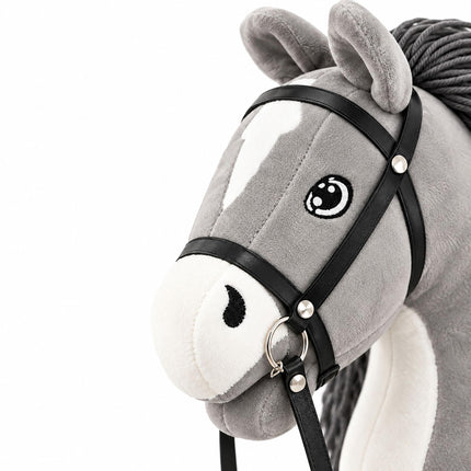 Plush Hobby Horse on Beech Wood Stick with Bridle and Reins, Grey