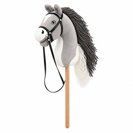 Plush Hobby Horse on Beech Wood Stick with Bridle and Reins, Grey