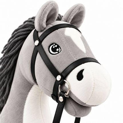 Plush Hobby Horse on Beech Wood Stick with Bridle and Reins, Grey