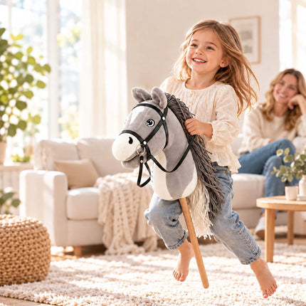 Plush Hobby Horse on Beech Wood Stick with Bridle and Reins, Grey