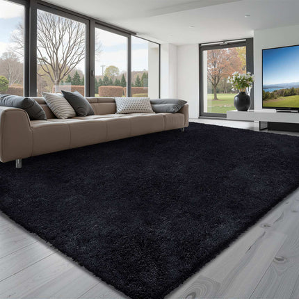 Plush Shag Area Rug 8x10 ft, Non-Slip, Black