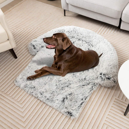Plush bed for dogs with non-slip base, removable washable cover and soft neck roll, large 115 x 120 cm, grey-white