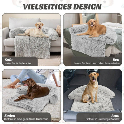 Plush bed for dogs with non-slip base, removable washable cover and soft neck roll, large 115 x 120 cm, grey-white