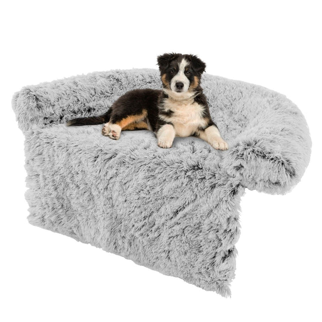 Plüsch-Hundebett mit rutschfester Unterseite, abnehmbarem, waschbarem Bezug und weicher Nackenrolle, Größe M 112 x 101 cm, grau-weiß
