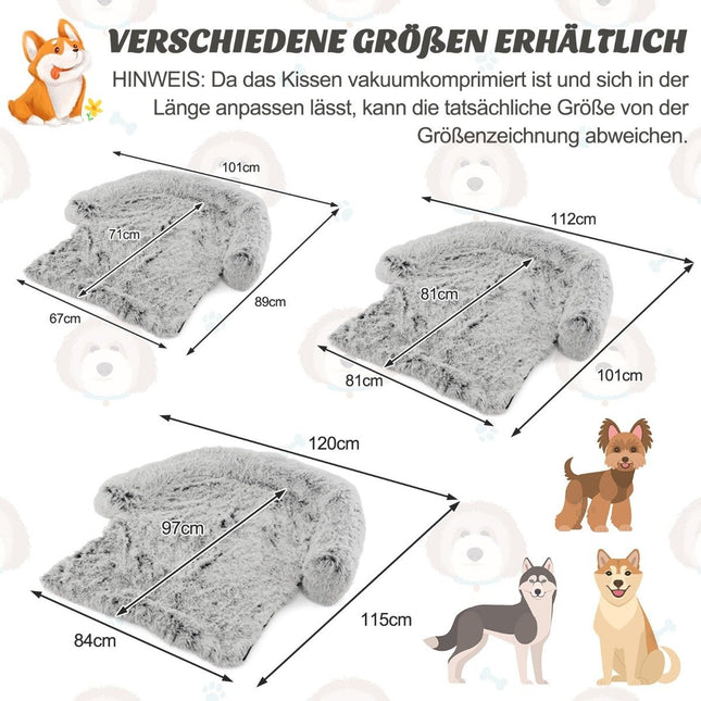 Plüsch-Hundebett mit rutschfester Unterseite, abnehmbarem, waschbarem Bezug und weicher Nackenrolle, Größe M 112 x 101 cm, grau-weiß