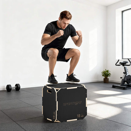 Plyo box 3v1, dřevěný, 61/51/41 cm, 120 kg, černý