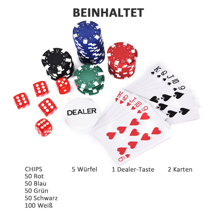 Pokerset mit 200 Chips, Karten und Würfeln im Aluminiumkoffer