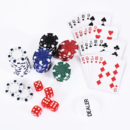 Sada pokerových žetonů - 300 žetonů, 2 balíčky karet, 5 kostek, hliníkový kufřík