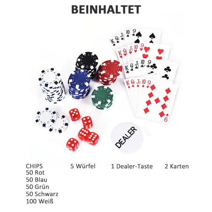 Sada pokerových žetonů - 300 žetonů, 2 balíčky karet, 5 kostek, hliníkový kufřík