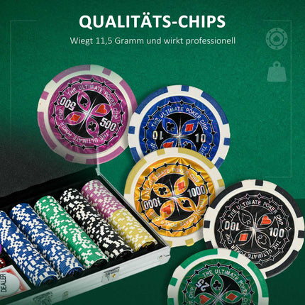 Professionelles Pokerset – 500 Chips, abschließbarer Koffer, 2 Kartendecks, 5 Würfel