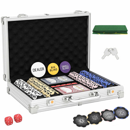 Sada pokerových žetonů s kufříkem, kostkami, dealer buttonem, 2 balíčky karet
