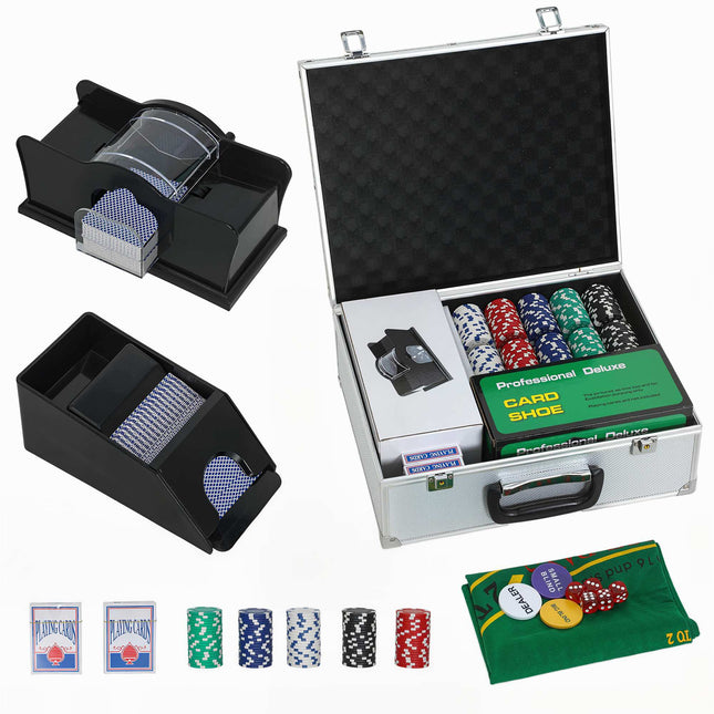 Pokerset mit 300 Chips, 2 Kartendecks, Würfeln, Koffer für 8 Spieler
