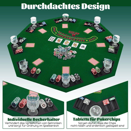 Pokermat 120 x 120 cm Texas Holdem pokertafelhoes opvouwbaar voor 8 spelers met bekerhouders groen