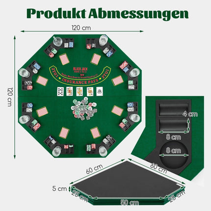 Pokermat 120 x 120 cm Texas Holdem pokertafelhoes opvouwbaar voor 8 spelers met bekerhouders groen