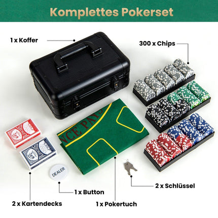 Pokerset mit 300 Laserchips &amp; Pokerkoffer &amp; 2 Spielkarten &amp; 2 Schlüssel Poker Komplettset
