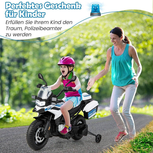 Polizeimotorrad für Kinder, batteriebetriebenes Motorrad mit 2 Stützrädern, 110 x 82,5 x 63 cm, weiß