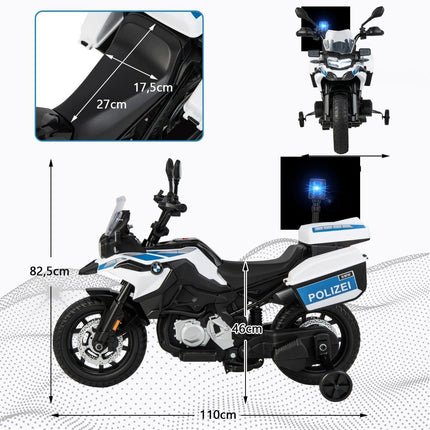 Politiemotor voor kinderen, op batterijen werkende motorfiets met 2 zijwieltjes, 110 x 82,5 x 63 cm, wit