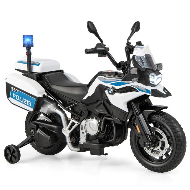 Polizeimotorrad für Kinder, batteriebetriebenes Motorrad mit 2 Stützrädern, 110 x 82,5 x 63 cm, weiß