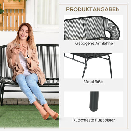 Black poly rattan 2-seater garden bench, 260 kg capacity