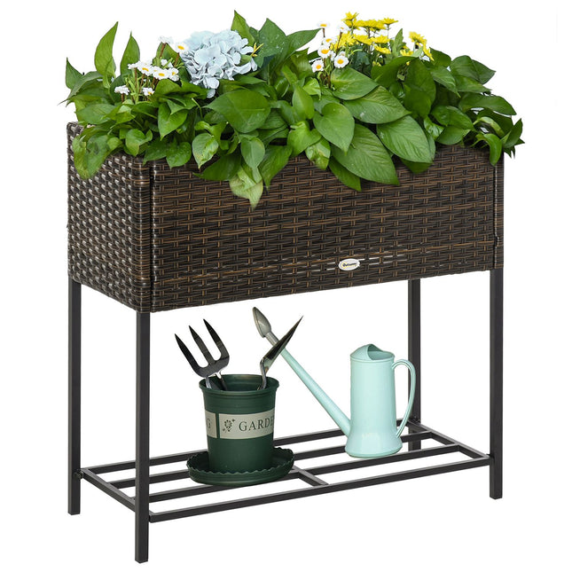 Blumenkasten aus Polyrattan mit Ablage, braun, 70x30x72 cm