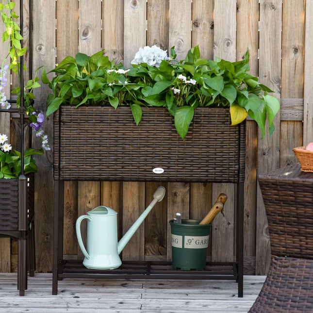 Blumenkasten aus Polyrattan mit Ablage, braun, 70x30x72 cm