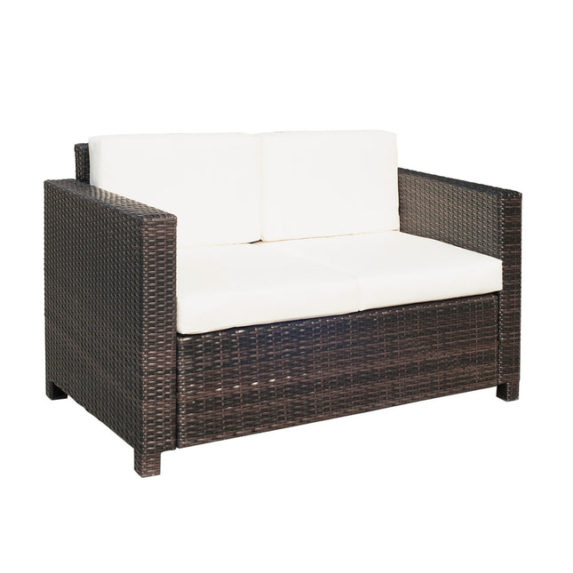 2-Sitzer Polyrattan-Gartensofa mit Kissen, Braun und Weiß
