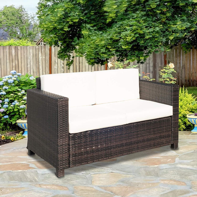 2-Sitzer Polyrattan-Gartensofa mit Kissen, Braun und Weiß