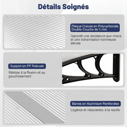 Polycarbonate Door Canopy, 197x89cm, Light Gray