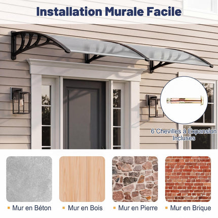 Polycarbonate Door Canopy, 197x89cm, Light Gray
