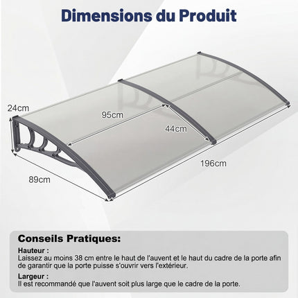 Polycarbonate Door Canopy, 197x89cm, Light Gray