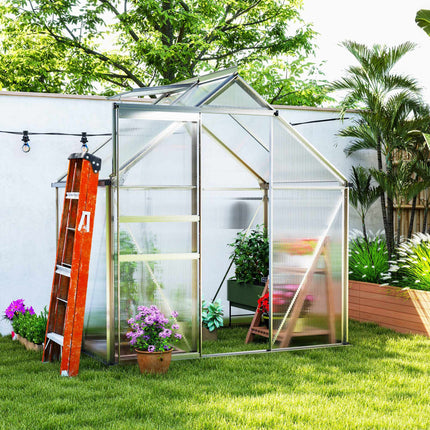 Polycarbonate Greenhouse 2.5 m² with Base and Sliding Door, 192.5x131x200 cm
