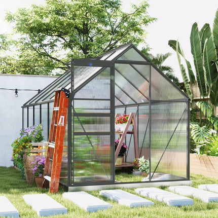 Polycarbonate Greenhouse 7.1 m² with Base and Sliding Door, 190x375x199 cm