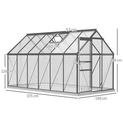Polycarbonate Greenhouse 7.1 m² with Base and Sliding Door, 190x375x199 cm