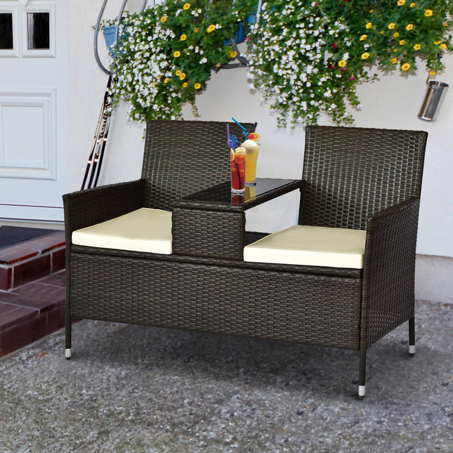 Braune 2-Sitzer-Gartenbank aus Polyrattan mit Stahlrahmen
