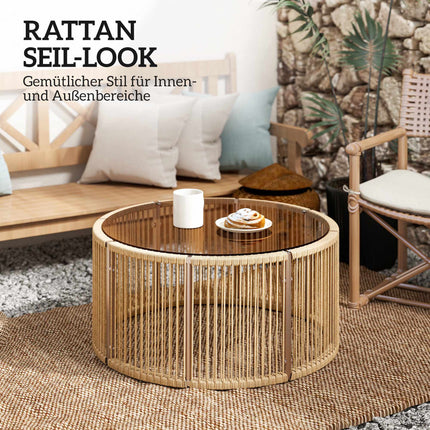 Polyrattan Couchtisch mit Glasplatte, 70x70x33 cm, Braun