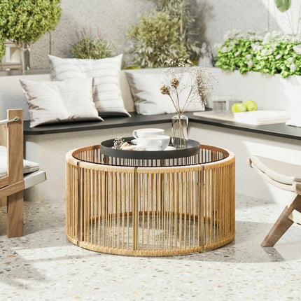 Polyrattan Couchtisch mit Glasplatte, 70x70x33 cm, Braun