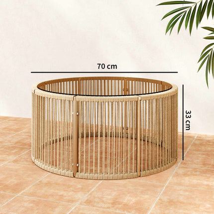 Polyrattan Couchtisch mit Glasplatte, 70x70x33 cm, Braun