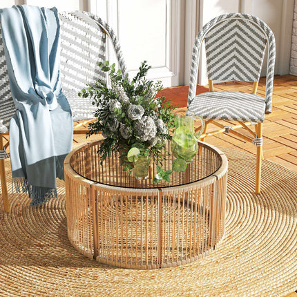 Polyrattan Couchtisch mit Glasplatte, 70x70x33 cm, Braun