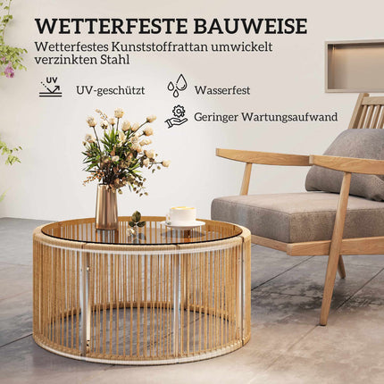 Polyrattan Couchtisch mit Glasplatte, 70x70x33 cm, Braun