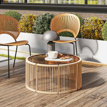 Polyrattan Couchtisch mit Glasplatte, 70x70x33 cm, Braun