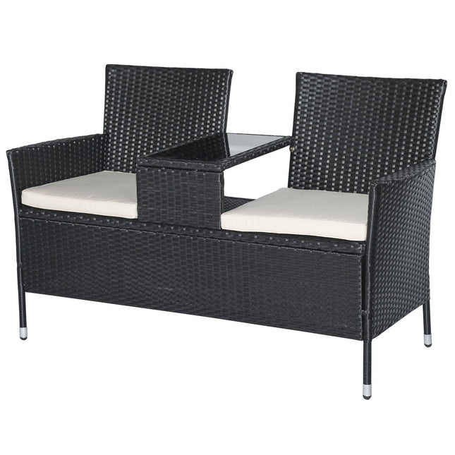 Garden sofa 2-seater polyrattan with table, black