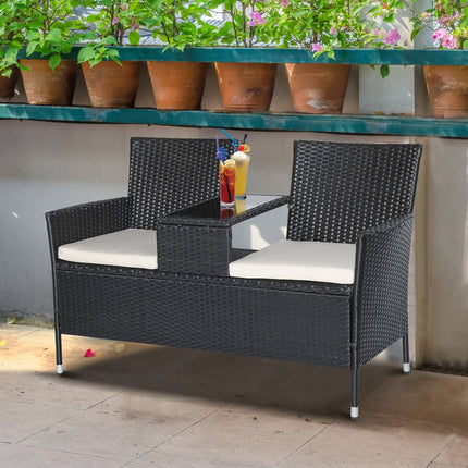 Gartensessel 2-Sitzer Polyrattan mit Tisch, schwarz