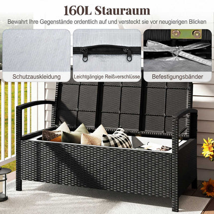 Polyrattan Gartenbank mit Stauraum, Beige, 160L Fassungsvermögen