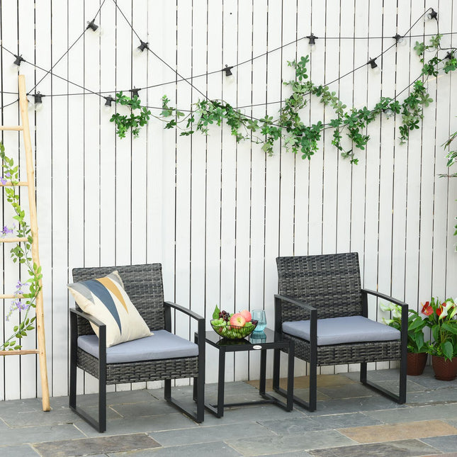 2-Personen-Balkonset aus Polyrattan mit grauen Kissen
