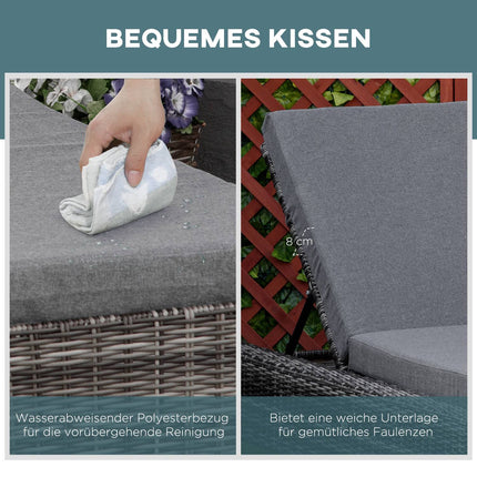 Sonnenliege aus Rattan, 5-fach verstellbar, mit Kissen, grau