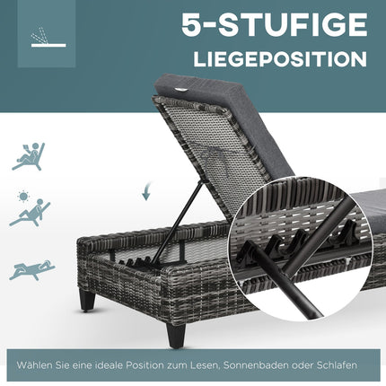 Sonnenliege aus Rattan, 5-fach verstellbar, mit Kissen, grau