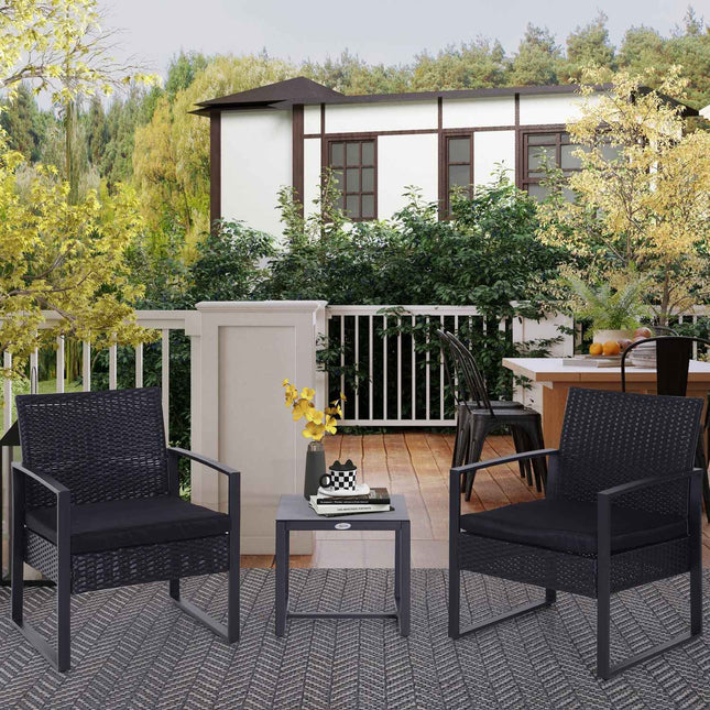 Schwarze Polyrattan Balkonmöbel-Set mit Kissen für 2 Personen