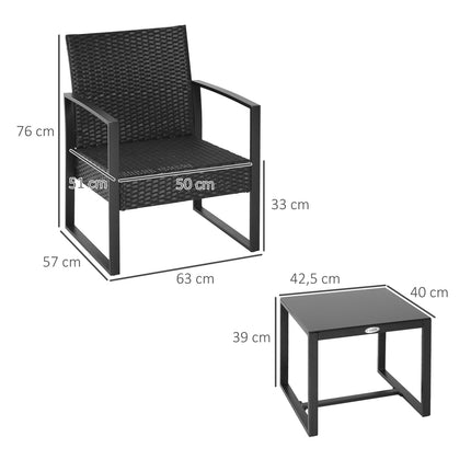 Schwarze Polyrattan Balkonmöbel-Set mit Kissen für 2 Personen