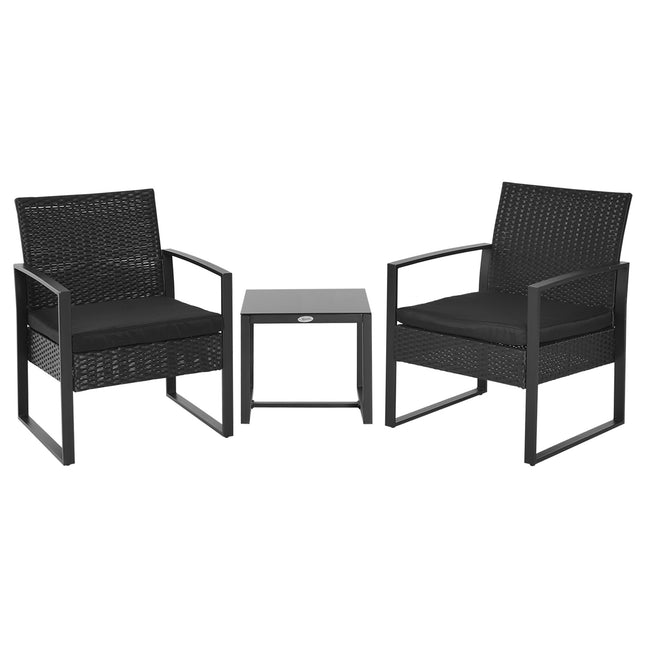 Schwarze Polyrattan Balkonmöbel-Set mit Kissen für 2 Personen